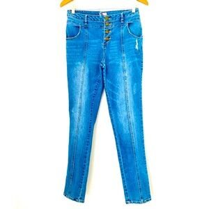 Bongo button fly, altered, blue, skinny jeans. Size M